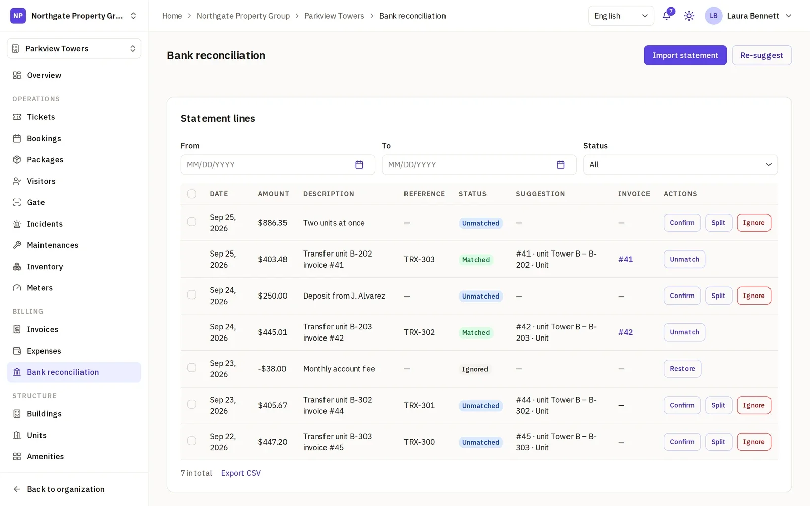 The bank reconciliation page: imported statement lines with a suggested invoice, some matched and some ignored.