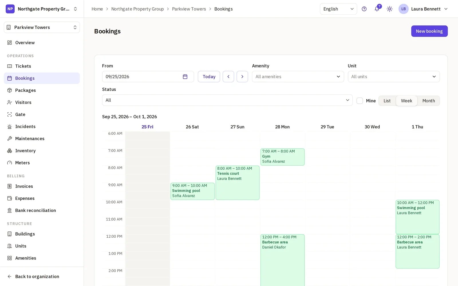 The bookings calendar of a week with the pool, the gym, the barbecue area and the tennis court booked by residents.